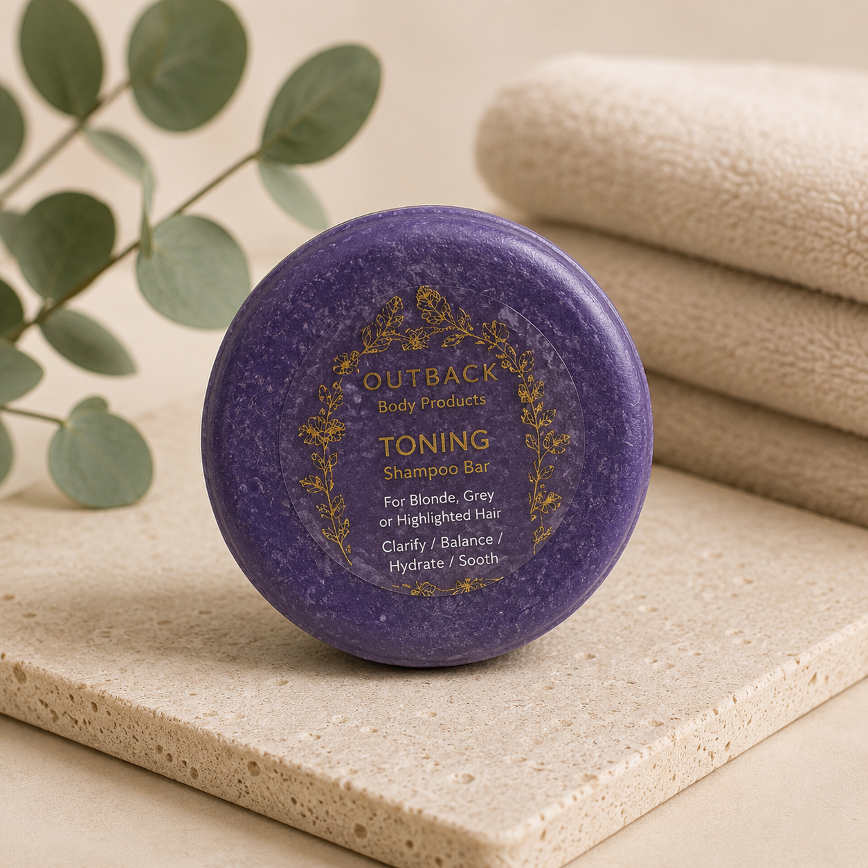 Purple shampoo bar with branding on a beige surface with eucalyptus leaves