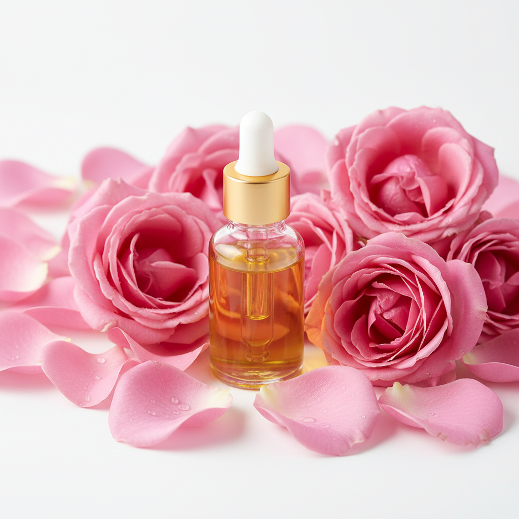 Glass dropper bottle with gold cap on pink roses and petals