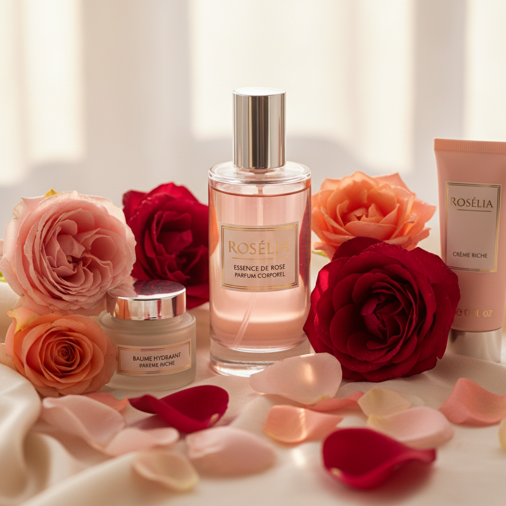 Roselia perfume bottle with flowers and skincare products on a light background
