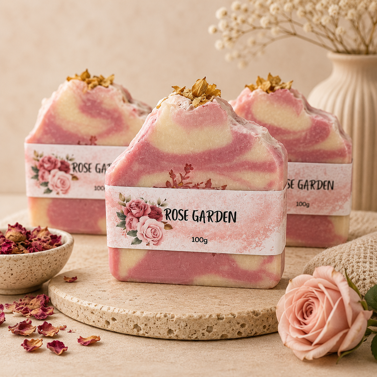 Three bars of 'Rose Garden' soap on a wooden board with flowers and petals around.