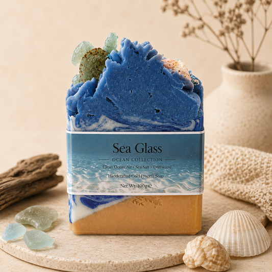 Sea Glass soap bar with packaging on a natural background