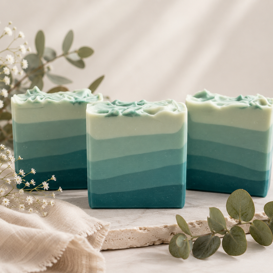 Three layered green and blue soap bars on a light surface with greenery around.