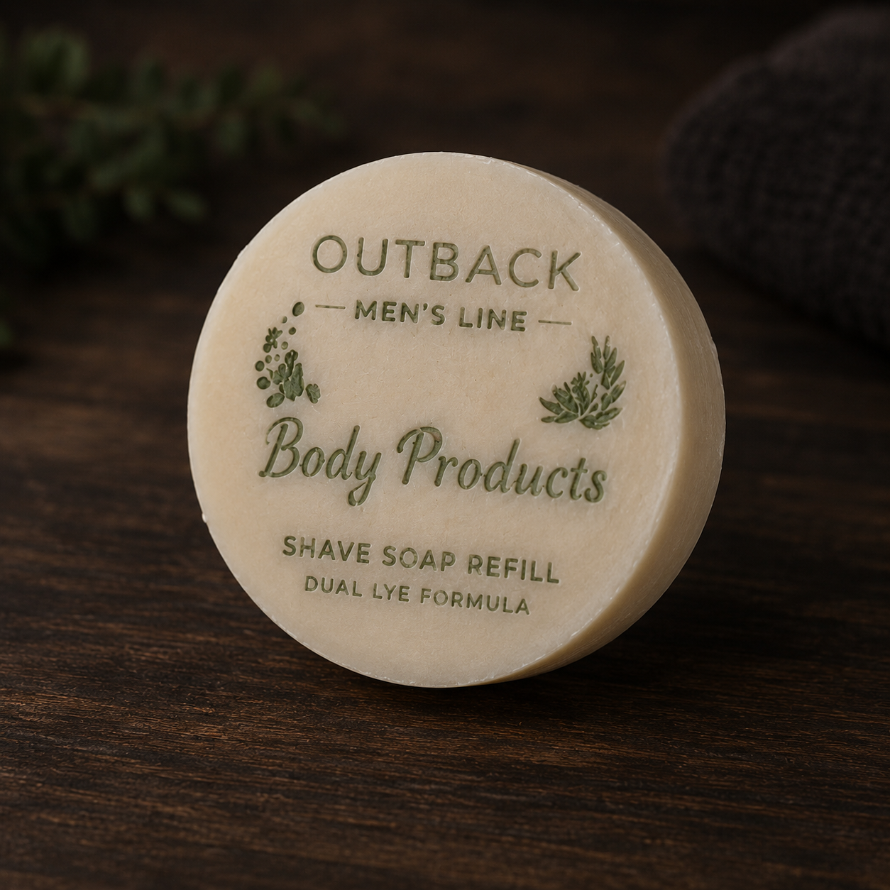 Outback Men's Line shave soap refill on a wooden surface