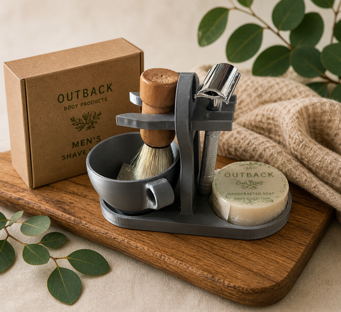 Men's shaving set with a stand, brush, mug, and soap