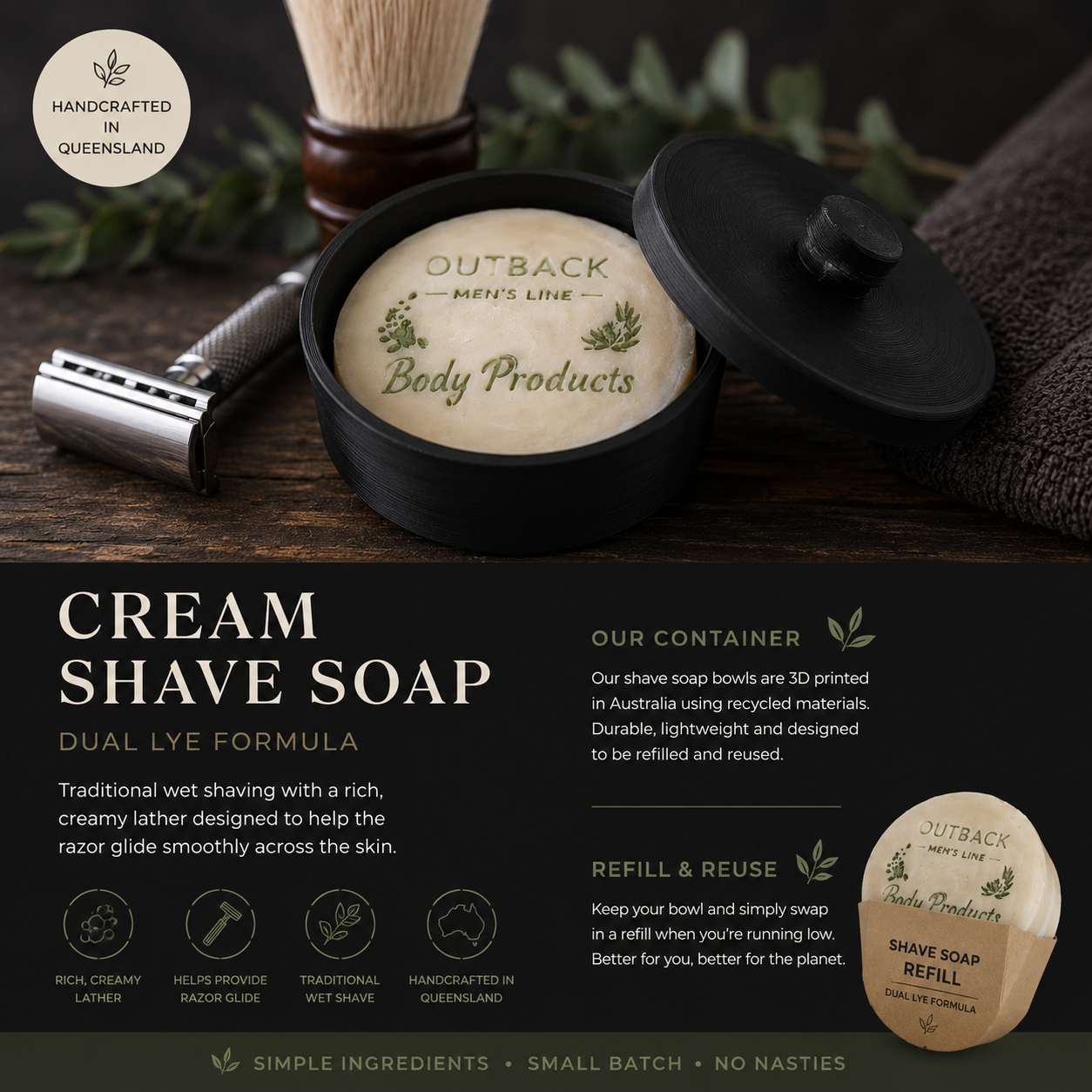 Outback Men's Line body products including a shave soap bar, container, and razor on a wooden surface.