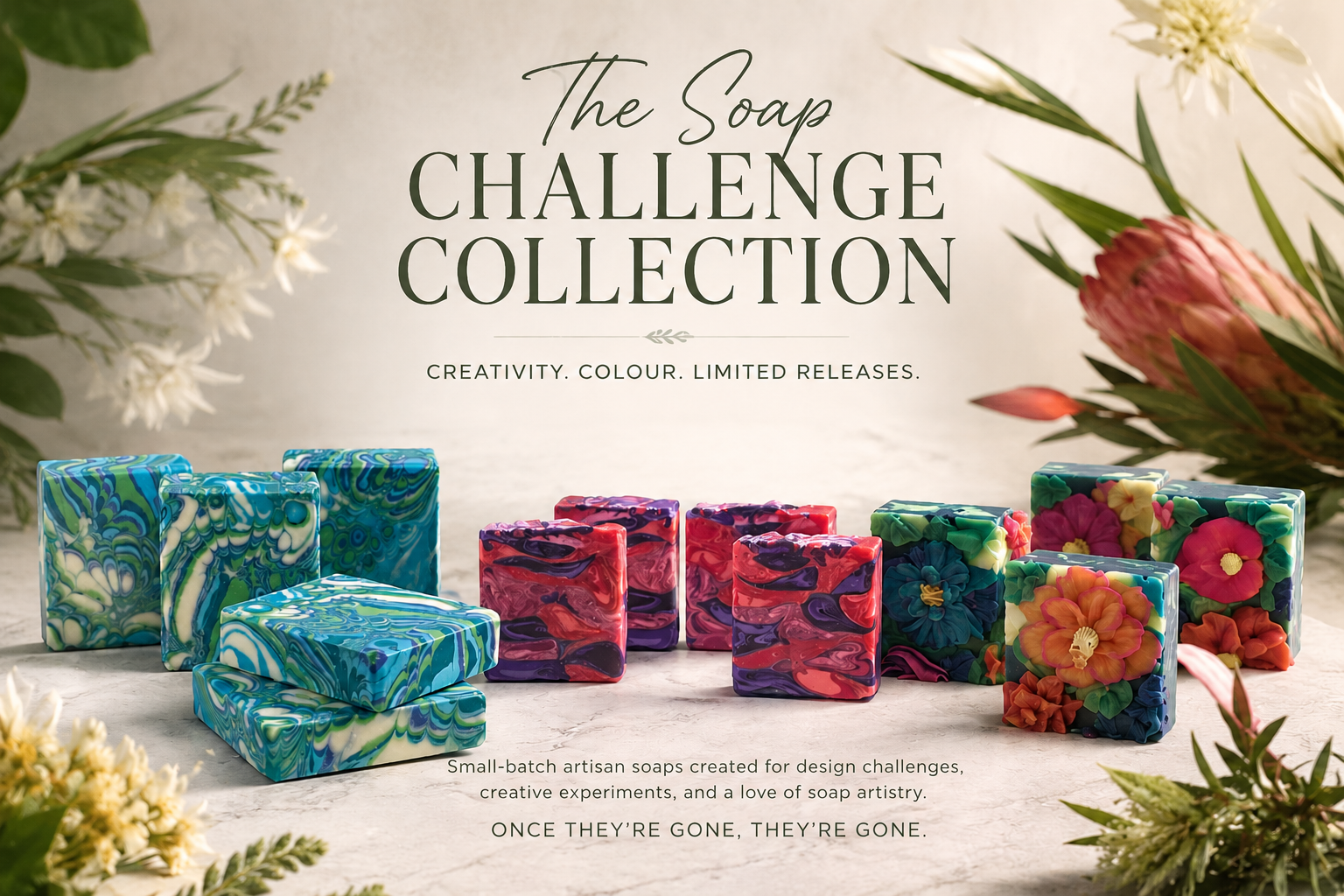 Colorful soap bars with floral designs on a light surface, surrounded by flowers, with text 'The Soap Challenge Collection' above.