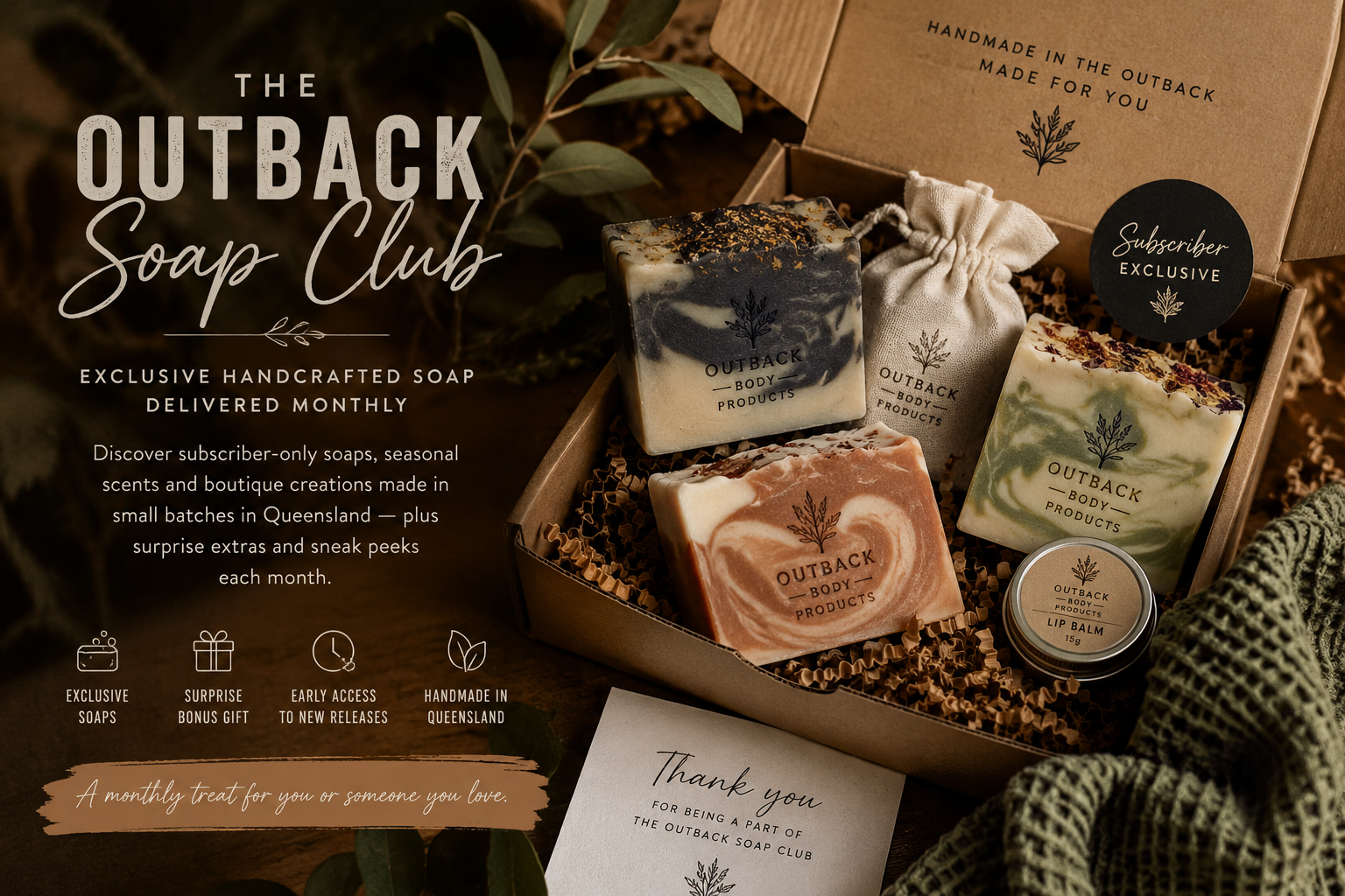 Outback Soap Club subscription box with handcrafted soaps and a card, set against a natural background.