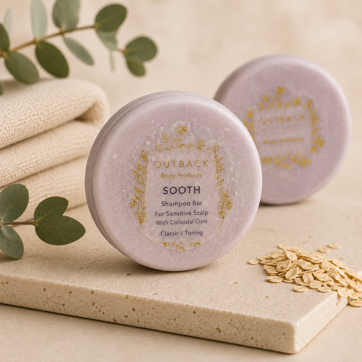 Outback Shampoo Bar on a stone surface with eucalyptus leaves and oats.