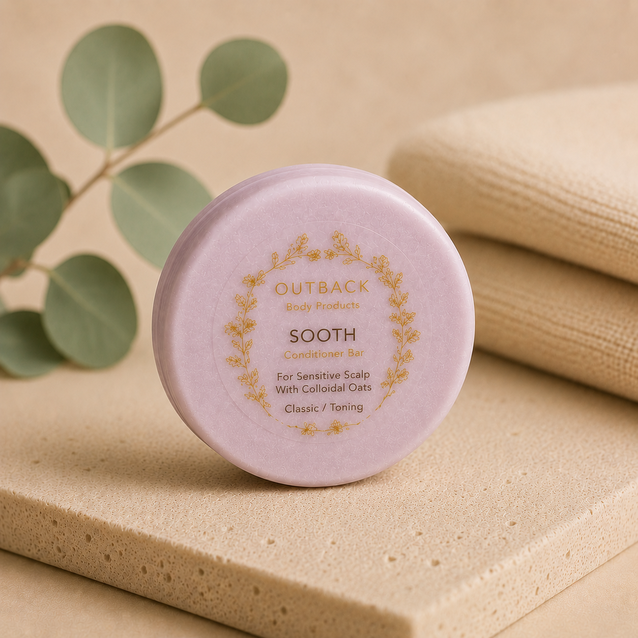 Outback Soothe conditioner bar on a beige surface with green leaves in the background