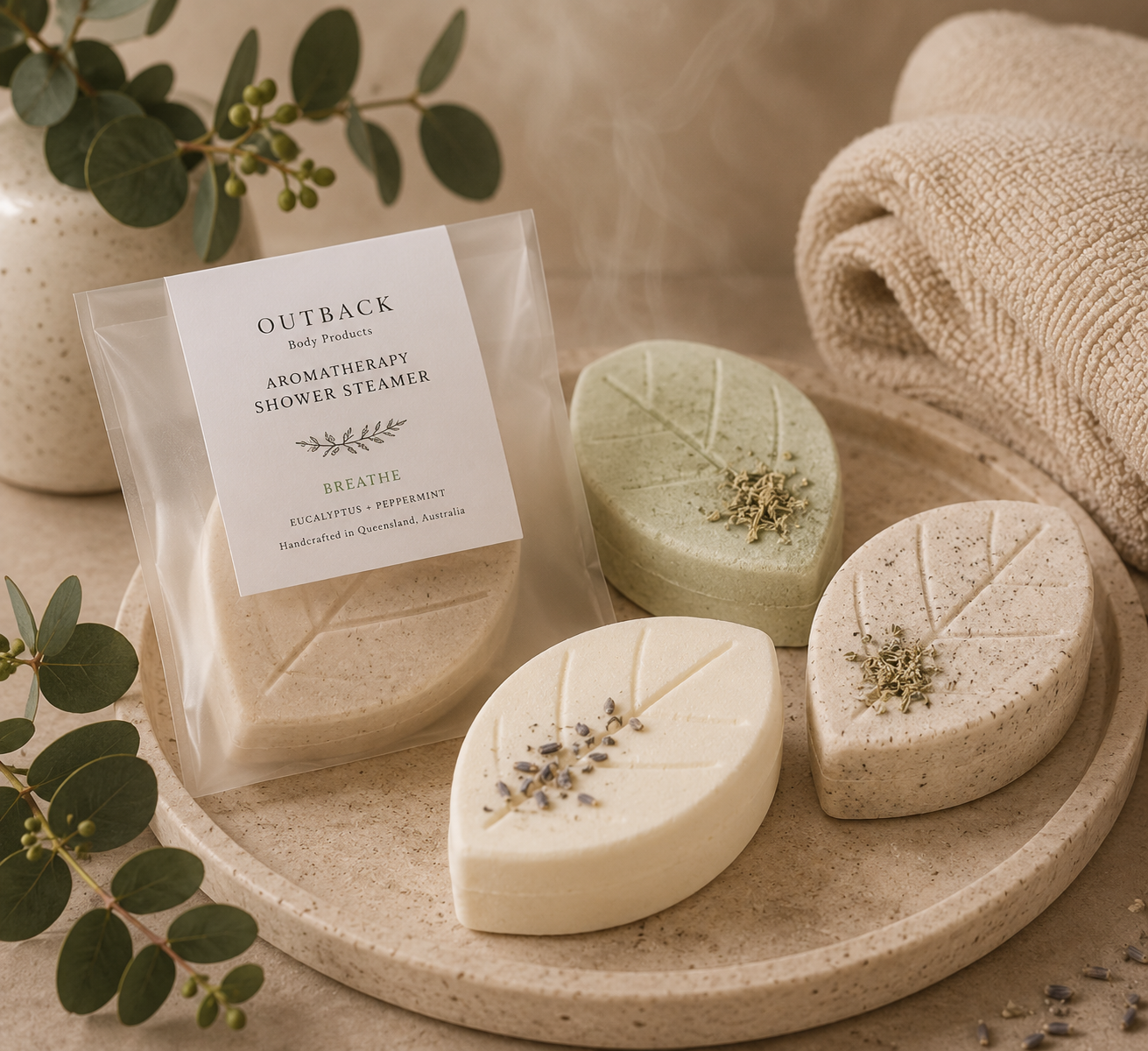 Handmade shower steamers by Outback Body Products