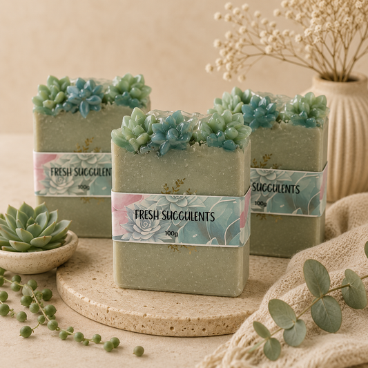 Three bars of soap with succulent decorations on a beige surface, surrounded by plants.