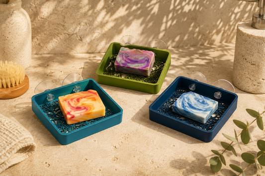 Three soap dishes with colorful soap bars on a textured surface with natural light and shadows.