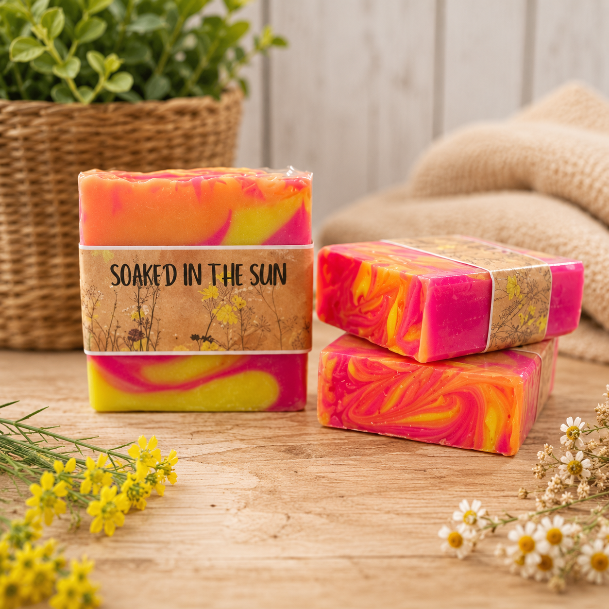 Colorful soap bars with 'Soaked in the Sun' packaging on a wooden surface with flowers and a plant in the background.