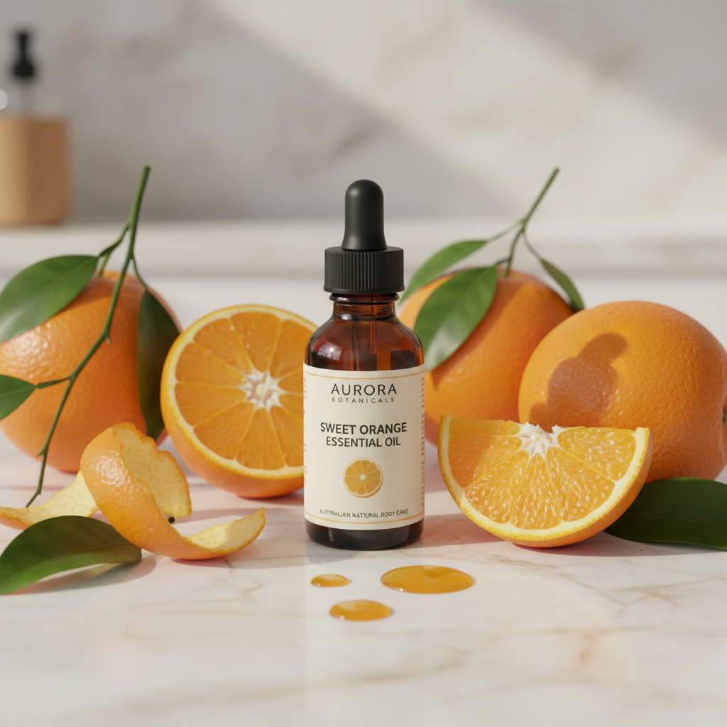 Sweet Orange essential oil bottle with oranges on a marble surface