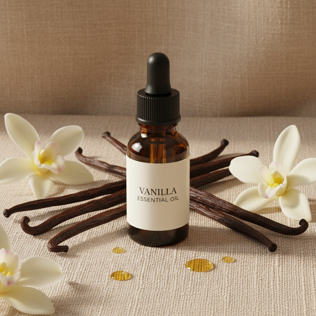 Vanilla essential oil bottle with vanilla beans and flowers on a beige background