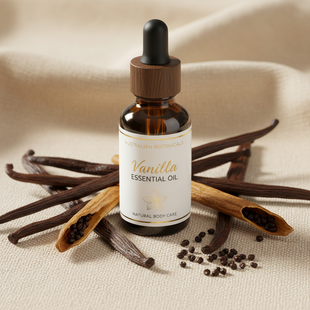 Vanilla essential oil bottle with vanilla beans on a beige fabric background