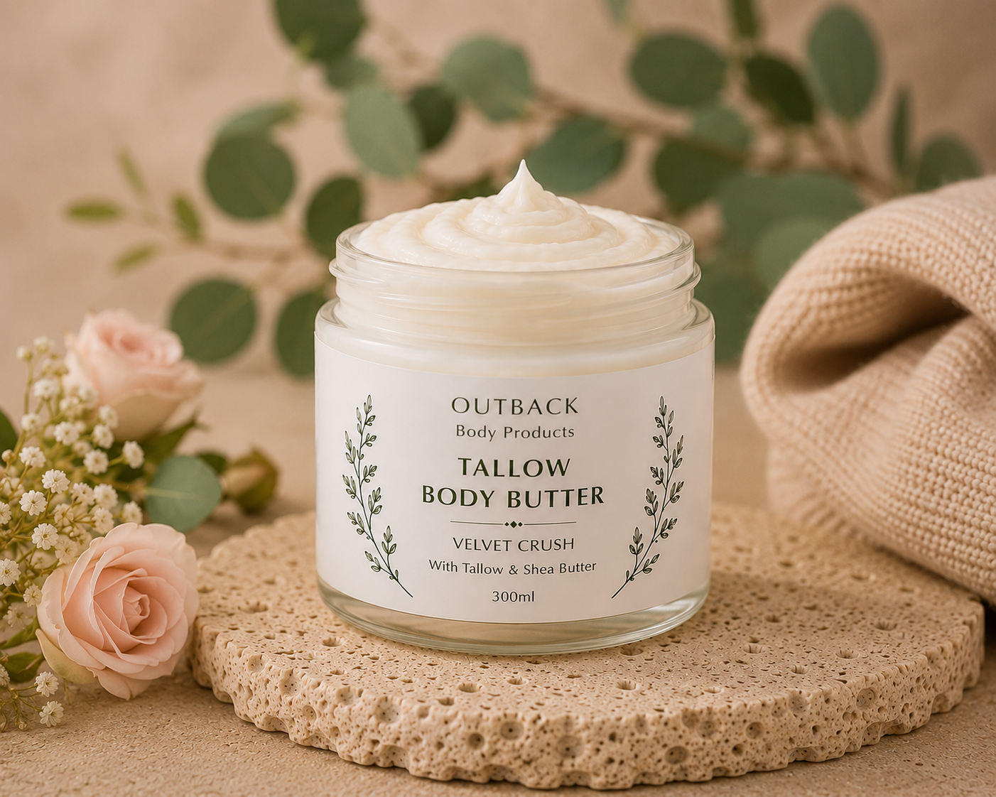 Jar of Outback Tallow Body Butter with decorative elements on a textured surface