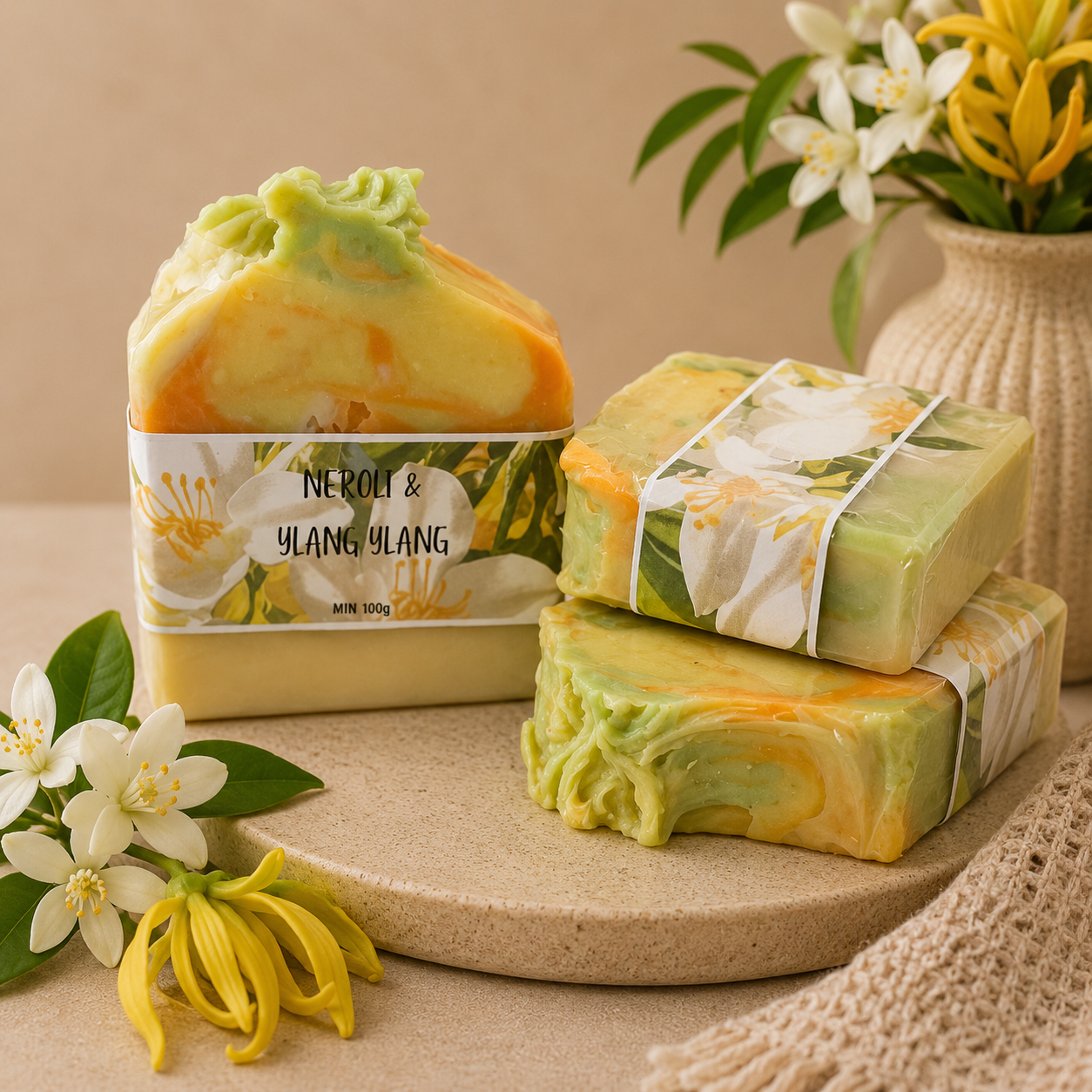 Three bars of soap with floral packaging on a wooden board, surrounded by flowers and a vase.